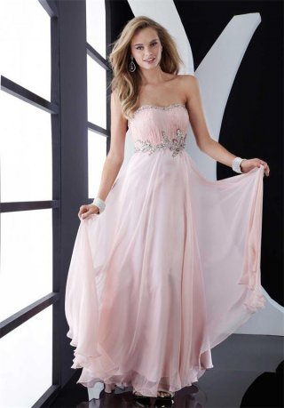 Light Pink Prom Dress Beaded A-line Chiffon Strapless