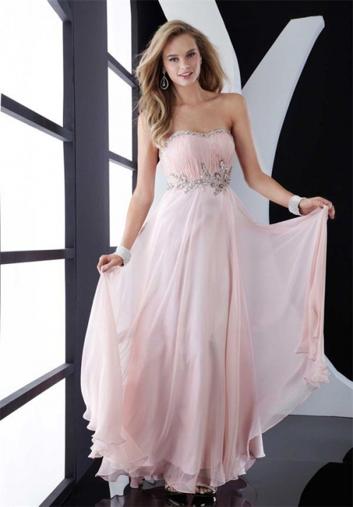 Light Pink Prom Dress Beaded A-line Chiffon Strapless