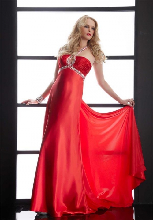 Elegant Prom Dress Red Beaded Charmeuse Straps