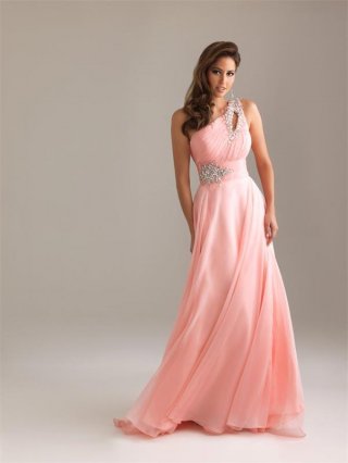 Elegant Prom Dress Pink Beading One Shoulder A-line Gown