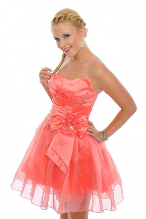 Coral Prom Dress Short Beaded Bow Taffeta Strapless