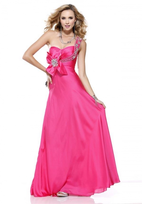 Fuchsia Prom Dress Beaded Bow Charmeuse One Shoulder