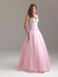 Pink Prom Dress Long Beaded A-line Tulle Sweetheart