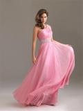 Elegant Prom Dress Pink Beaded A-line Chiffon One Shoulder