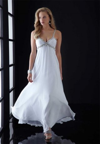 White Prom Dress Beaded A-line Chiffon Straps V-neck