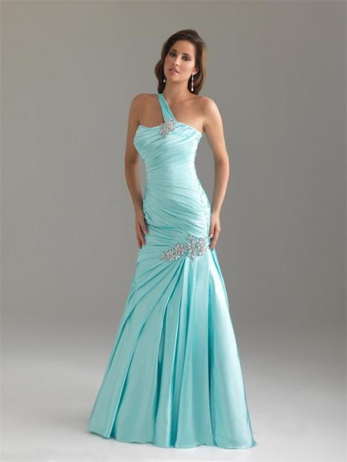 Graceful Prom Dress Long Beaded Sheath Satin One Shoulder