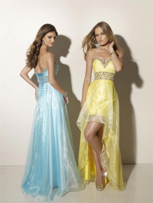 Blue/Yellow Prom Dress Beaded High-Low Organza A-line