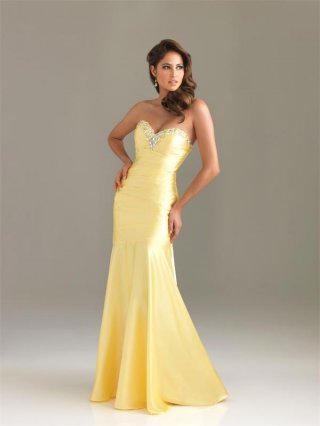 Yellow Prom Dresses Long Beaded Sheath Satin Sweetheart