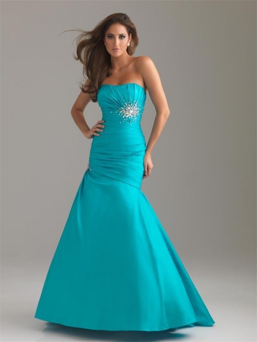 Turquoise Prom Dress Beading Mermaid Satin Strapless