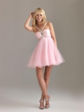 Pink Prom Dress Short Beaded Tulle Satin Straps A-line