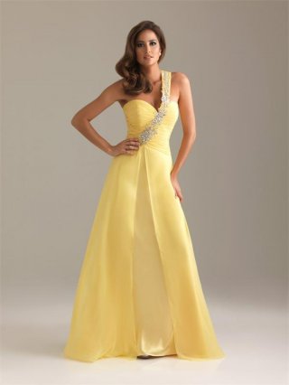 Yellow Prom Dress Embroidery Chiffon One Shoulder A-line