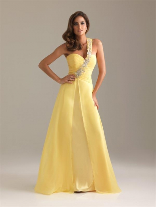 Yellow Prom Dress Embroidery Chiffon One Shoulder A-line