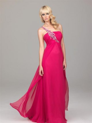 Fuchsia Prom Dresses Embroidery Chiffon One Shoulder