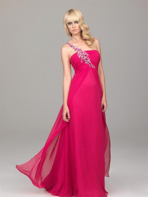 Fuchsia Prom Dresses Embroidery Chiffon One Shoulder