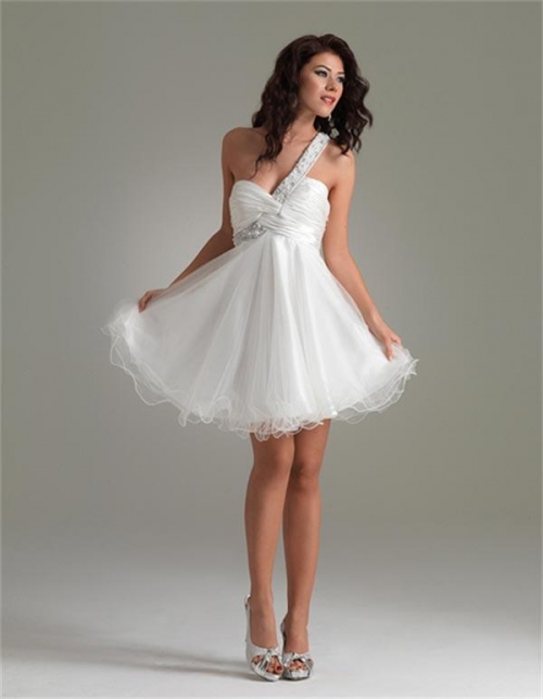 Gorgeous Prom Dress Short Beaded Tulle Satin One Shoulder