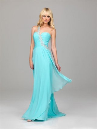 Elegant Prom Dress Aqua Embroidery One Shoulder Chiffon