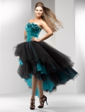 Teal/Black/Fuchsia Prom Dress 3D Rosettes High Low Hem