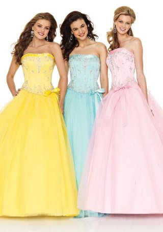 Strapless Sleeveless Full length Beaded Satin Tulle Prom Gown