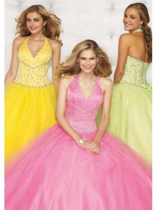 Yellow/Pink/Sage Ball Gown Beaded Tulle Prom Dress
