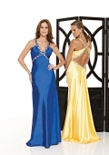 Halter Top Cross Straps Full length Beaded Silk Like Satin Prom Gown