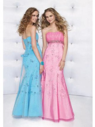 Strapless Embroidery Beaded Pink/Sky Blue Prom Gown