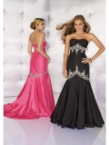 Strapless Elastic Woven Satin Black /Fuchsia Prom Dress