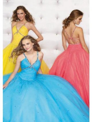 Blue/Yellow/Pink Tulle Beaded Ball Gown Prom Dress