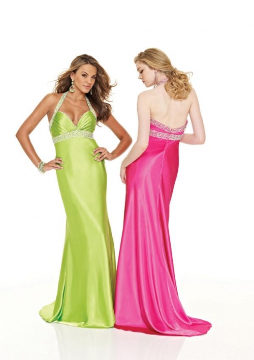 Halter Top Full length Sweep Beaded Satin Prom Gown