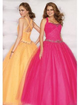 Ball Gown Tulle Hotpink/Light Orange Prom Dress