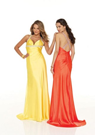Halter Top Cross Straps Full length Sweep Beaded Satin Prom Gown