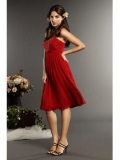 Strapless Tea-length Ruffles Chiffon Red Prom Gown