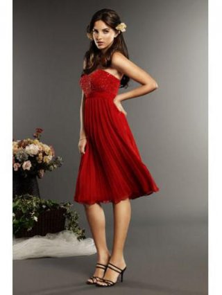 Strapless Tea-length Ruffles Chiffon Red Prom Gown