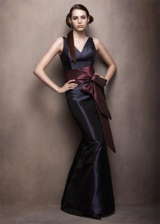 V-neck Full Length Sash Taffeta Black Prom Dress