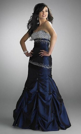 Strapless Full length Beaed Taffeta Navy Prom Dress