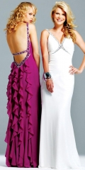 White/Plum Celebrity Inspired Halter Beaded Ruffles Evening Dress