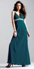 Teal V-neck Empire Waist Beaded Full Length Evening Dress