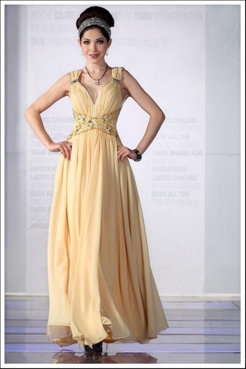 Gorgeous Yellow V-neck Chiffon Long Formal Evening Dress