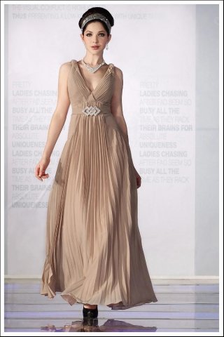 Champagne V-neck Brooch Pleated Chiffon Long Formal Evening Dress