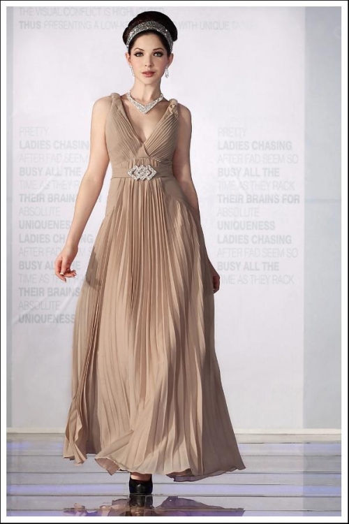 Champagne V-neck Brooch Pleated Chiffon Long Formal Evening Dress