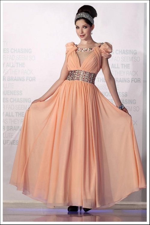 Glamorous Apricot V-neck Chiffon Empire Waist Long Formal Evening Dress