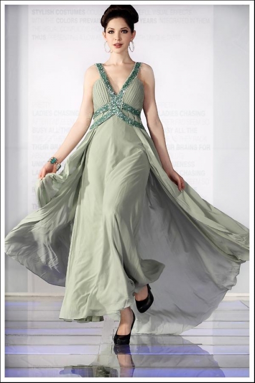 Light Green Chiffon Beaded Empire Waist Long Formal Evening Dress