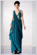 Modern Teal V-neck Flower Empire Waist Long Formal Evening Dress