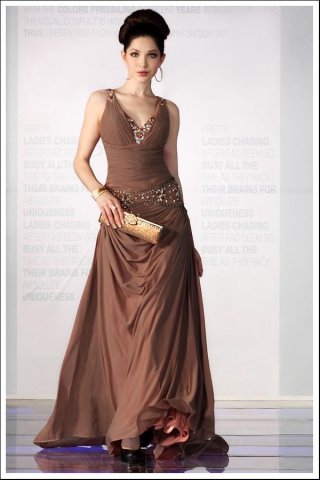 Elegant Brown V-neck Beaded Long Formal Evening Dress