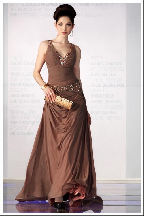 Elegant Brown V-neck Beaded Long Formal Evening Dress