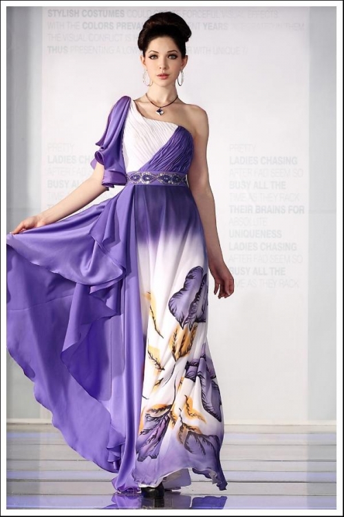 Light Purple Printing One Shoulder Long Formal Evening Dress