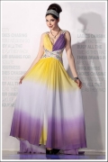 Yellow White Purple V-neck Empire Waist Long Formal Evening Dress