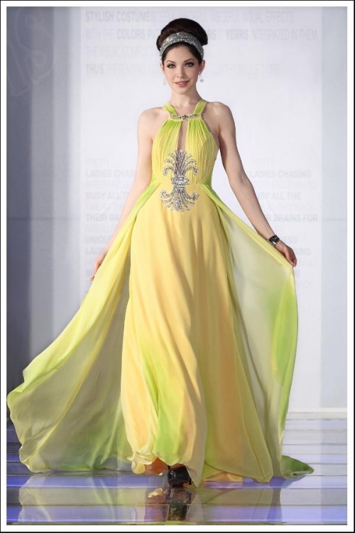 Gorgeous Yellow Green High Neck Long Formal Evening Dress