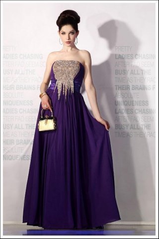 Elegant Purple Strapless Empire Waist Long Formal Evening Dress