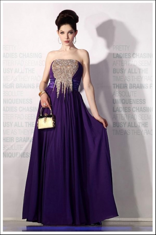 Elegant Purple Strapless Empire Waist Long Formal Evening Dress