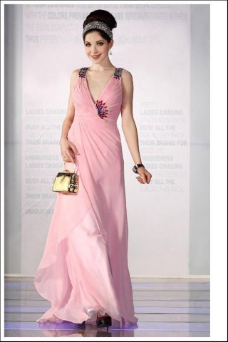 Pink Straps V-neck Beading Long Formal Evening Dress
